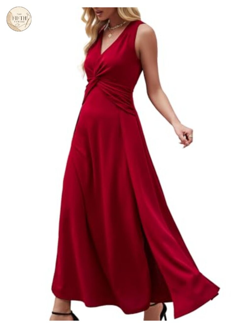 V Neck Sleeveless A-Line Midi Formal Dress Ruffle Wedding Guest